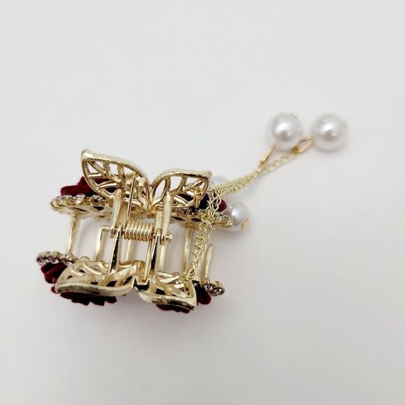 Brand New Gold Tone Red Rose Rhinestone Pearl Hair Claw Clips - Picture 5 of 9